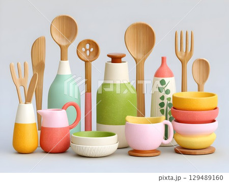 Pastel kitchen essentials featuring ceramic and bamboo utensils, bowls, and vessels scattered artfully on soft gray surface, highlighting minimalist design aesthetic 129489160