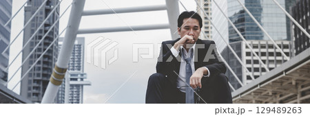 Banner Failure businessman unemployed jobless recession crisis stress and lose job. Panorama Despair Failure bankruptcy businesspeople in middle aged depressed failed situation wide with copy space 129489263