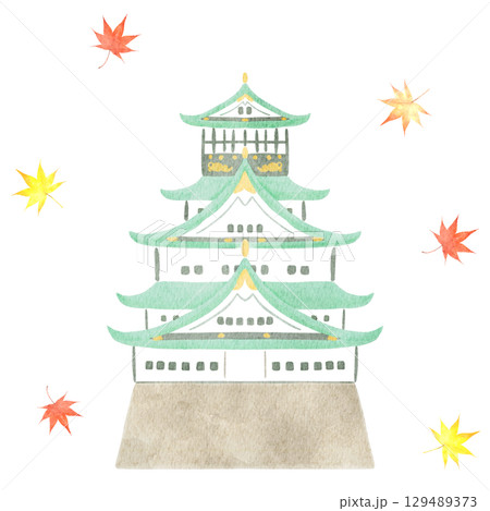 水彩で描いた紅葉に包まれる大阪城のイラスト 129489373