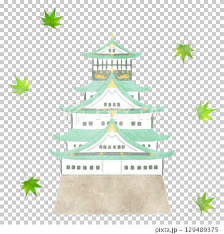 水彩で描いた若葉もみじと大阪城のイラスト 129489375