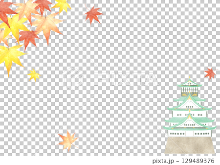 Watercolor illustration of Osaka Castle surrounded by autumn leaves 129489376