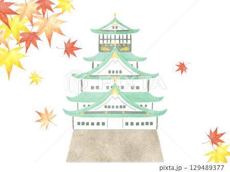 水彩で描いた紅葉に包まれる大阪城のイラスト 129489377