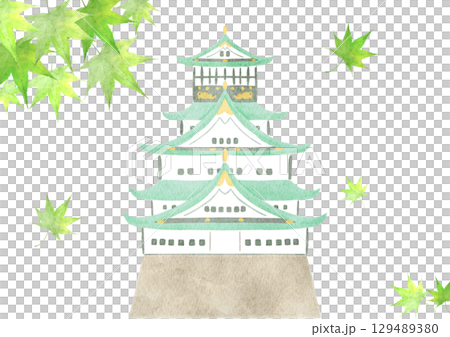 Watercolor illustration of young maple leaves and Osaka Castle Watercolor illustration of young maple leaves and Osaka Castle 129489380