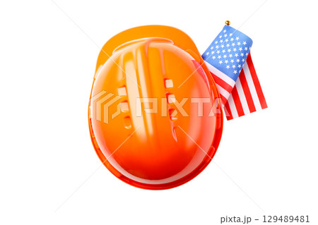 Hard hat with flag shows Labor Day spirit, isolated on white, PNG Hard hat with flag shows Labor Day spirit, isolated on white, PNG 129489481