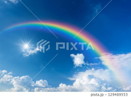 Blue Sky with Clouds and Sun Rays Background 129489553