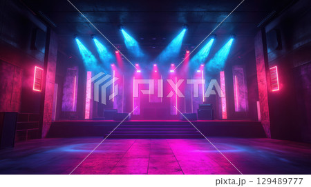 Colorful Neon Lights Over Empty Stage in Nightclub Setting Colorful Neon Lights Over Empty Stage in Nightclub Setting 129489777