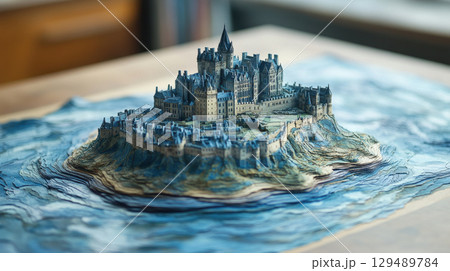 Detailed 3D Paper Model of a Majestic Castle on an Island 129489784