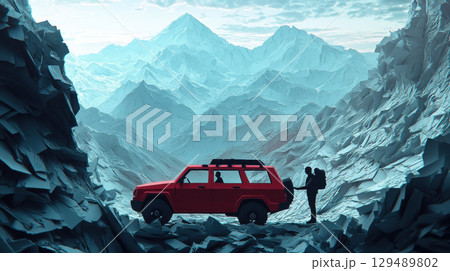 Adventurous Journey with Red SUV in Scenic Mountain Landscape 129489802