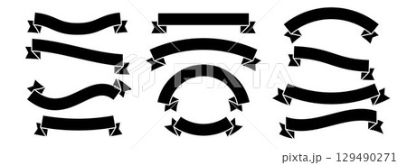 Black ribbon banner set. Bent and curved ribbons collection for emblem, sticker, advertising, poster, promotion, frame. Vintage wavy dark label tag element bundle for graphic design template. Vector 129490271