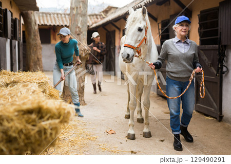 Women horse breeders working in ranch Women horse breeders working in ranch 129490291