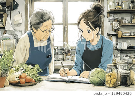 美優シリーズ:春の栄養指導で管理栄養士と話す元気な高齢女性、旬の野菜をテーマにした室内シーン 美優シリーズ:春の栄養指導で管理栄養士と話す元気な高齢女性、旬の野菜をテーマにした室内シーン 129490420