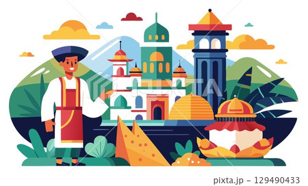 This visually striking scene portrays a blend of cultural heritage and modern hospitality. 129490433