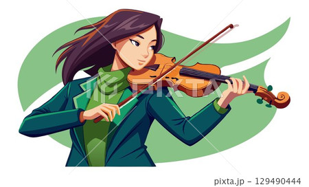 Her focused expression reveals intense concentration and a deep passion for music. 129490444