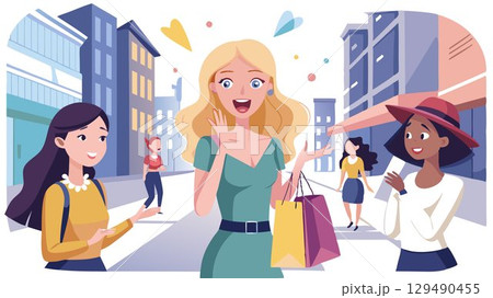 A poignant scene unfolds: a young woman's feelings of envy are evident as she observes her beautiful blonde girlfriends reveling in their shopping success on the city street. 129490455