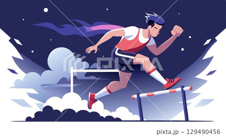 Dramatic smoke effects and super slow motion cinematography combine to highlight the athleticism of a male hurdler clearing a hurdle in a dark studio, creating a dynamic and visually captivating scen 129490456