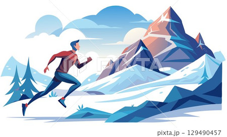 A powerful image of a man running through a snowy mountain scene, capturing the raw energy and resilience of human spirit amidst a breathtaking winter landscape. 129490457
