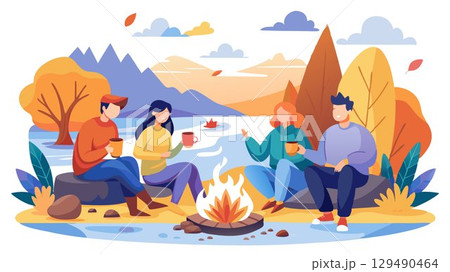 A picturesque autumn scene unfolds: friends relax on a log by a river, enjoying tea and the warmth of a campfire, their smiles capturing the joy of friendship and nature. 129490464