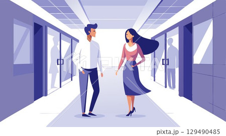 This image portrays a sense of quiet intimacy: a man and a woman walk together down a hallway, their connection subtly communicated through their body language. 129490485