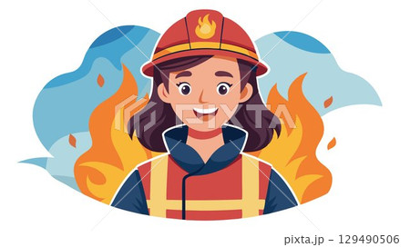 The image depicts a strong and capable young Caucasian woman firefighter, helmet in hand, smiling confidently after a fire, conveying a sense of accomplishment and resilience. 129490506