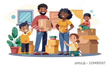 The process of unpacking is filled with excitement and anticipation in this 4K image of a Black family settling into their new home, creating a welcoming atmosphere. The process of unpacking is filled with excitement and anticipation in this 4K image of a Black family settling into their new home, creating a welcoming atmosphere. 129490507