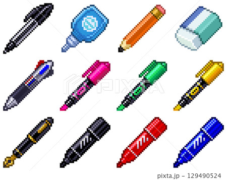 オフィス文房具・筆記用具のドット絵ピクトグラム素材 Vol.1（ペン・鉛筆・マーカー等12点） 129490524