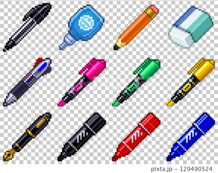 オフィス文房具・筆記用具のドット絵ピクトグラム素材 Vol.1（ペン・鉛筆・マーカー等12点） 129490524