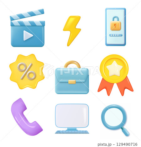 3D Business and Technology Icons Set. Marketing and Security. Vector 129490716