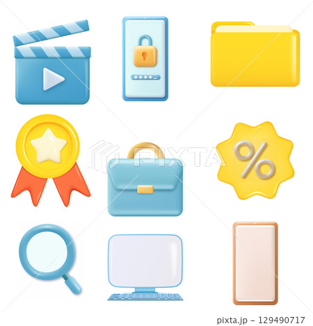 3D Business and Technology Icons Set. Marketing and Security. Vector 129490717
