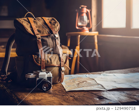 Vintage style backpack with classic camera and travel map on rustic wooden table in cozy warm light atmosphere 129490718