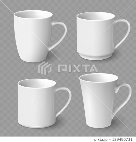 Set of Realistic White Ceramic Coffee Mugs Mockup. Drinkware Collection. Vector 129490731