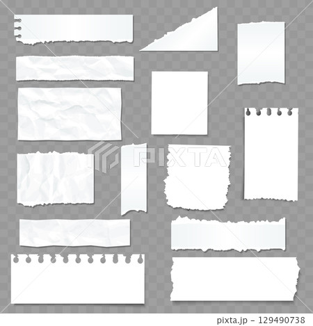 Set of White Realistic Torn Paper Notes. Ripped Edges. Vector 129490738