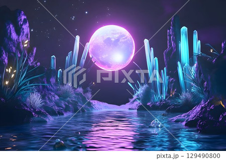 illustration of fantasy night landscape, abstract island, dark, tranquil water illustration of fantasy night landscape, abstract island, dark, tranquil water 129490800
