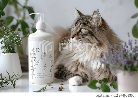 vegan cat shampoo bottle with cat 129490806