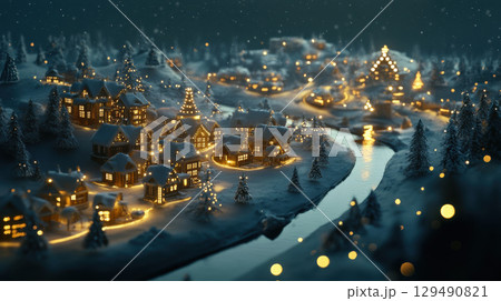 Cozy Winter Village Scene with Snow and Twinkling Lights Cozy Winter Village Scene with Snow and Twinkling Lights 129490821