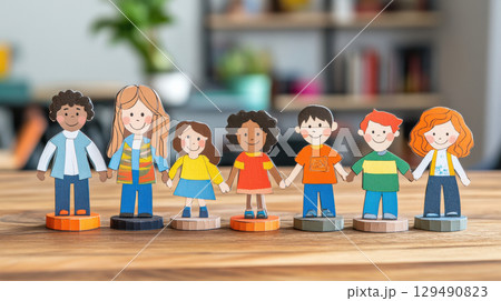 Colorful wooden figures of children holding hands in bright setting Colorful wooden figures of children holding hands in bright setting 129490823