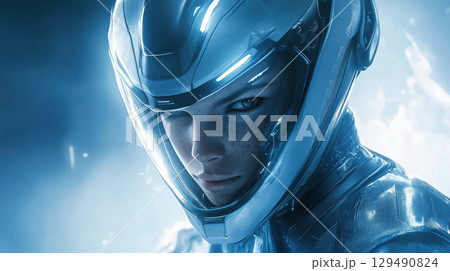 Futuristic Portrait of a Female Character in a High-Tech Helmet Futuristic Portrait of a Female Character in a High-Tech Helmet 129490824