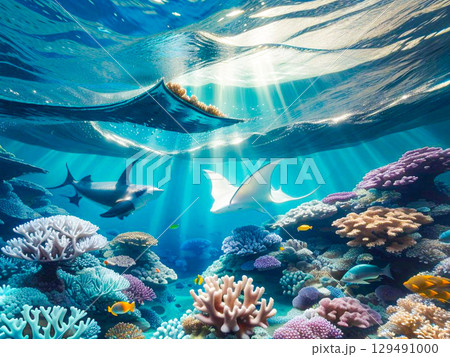 光が差し込む、美しい海の中の風景5 129491000