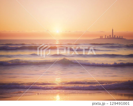 夕日に染まる海と都会の風景2 129491001