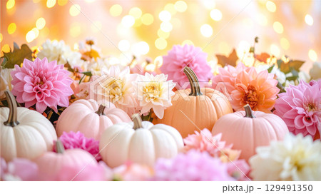 ハロウィンのパステルカラーのお花とかぼちゃ　キラキラ背景 129491350