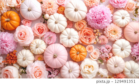 ハロウィンのパステルカラーのお花とかぼちゃ　俯瞰 129491351