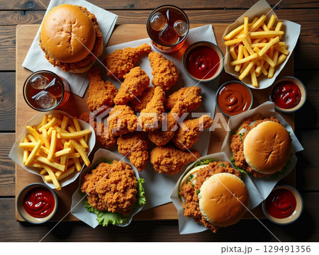 Appetizing Fried Chicken and Burger Feast Displayed on Wooden Tray 129491356