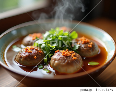 Delicious Steaming Bowl of Meatball Soup Dish with Green Garnish 129491375