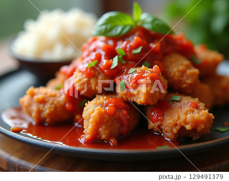 Close Up Delicious Fried Chicken Nugget with Tomato Sauce Cuisine 129491379