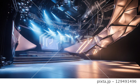 Modern Stage Setup with Dynamic Lighting and Sleek Design Elements Modern Stage Setup with Dynamic Lighting and Sleek Design Elements 129491496