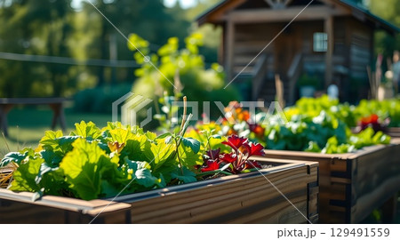 Fresh Organic Vegetables Growing in Wooden Raised Garden Beds in Sunlight. 129491559