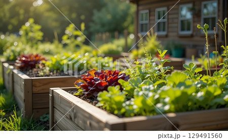 Fresh Organic Vegetables Growing in Wooden Raised Garden Beds in Sunlight. Fresh Organic Vegetables Growing in Wooden Raised Garden Beds in Sunlight. 129491560
