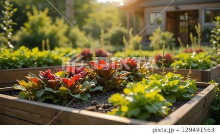 Fresh Organic Vegetables Growing in Wooden Raised Garden Beds in Sunlight. 129491563