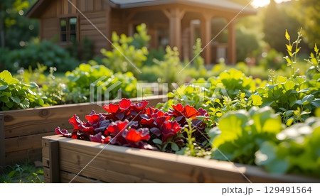 Fresh Organic Vegetables Growing in Wooden Raised Garden Beds in Sunlight. 129491564
