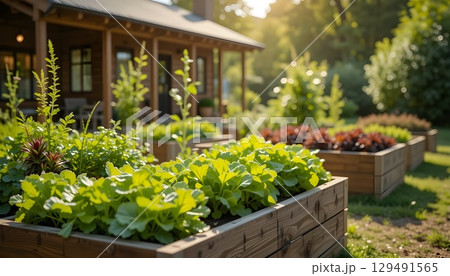 Fresh Organic Vegetables Growing in Wooden Raised Garden Beds in Sunlight. Fresh Organic Vegetables Growing in Wooden Raised Garden Beds in Sunlight. 129491565
