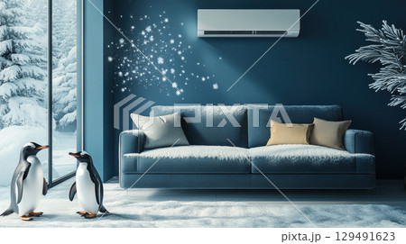 Cozy Winter Living Room with Penguins and Snowy Landscape View 129491623